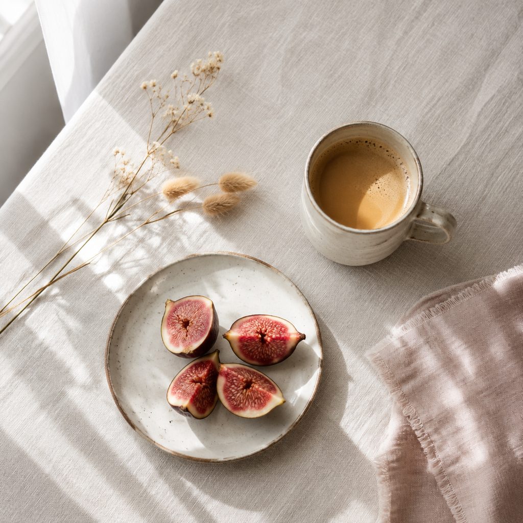 Petit-déjeuner dressé près d’une fenêtre, photographié à la verticale