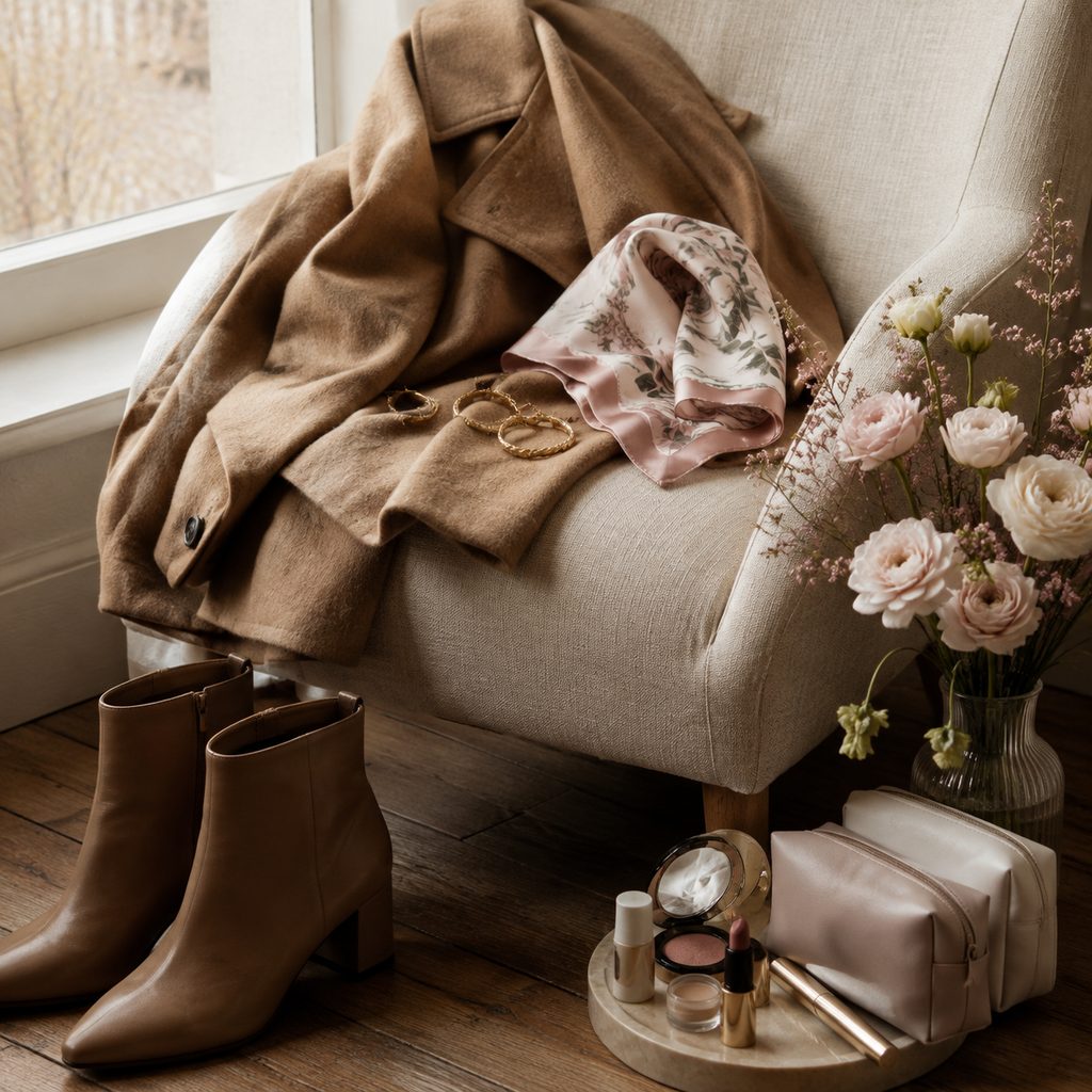 Manteau en laine et accessoires posés sur un fauteuil près d’une fenêtre, lumière douce