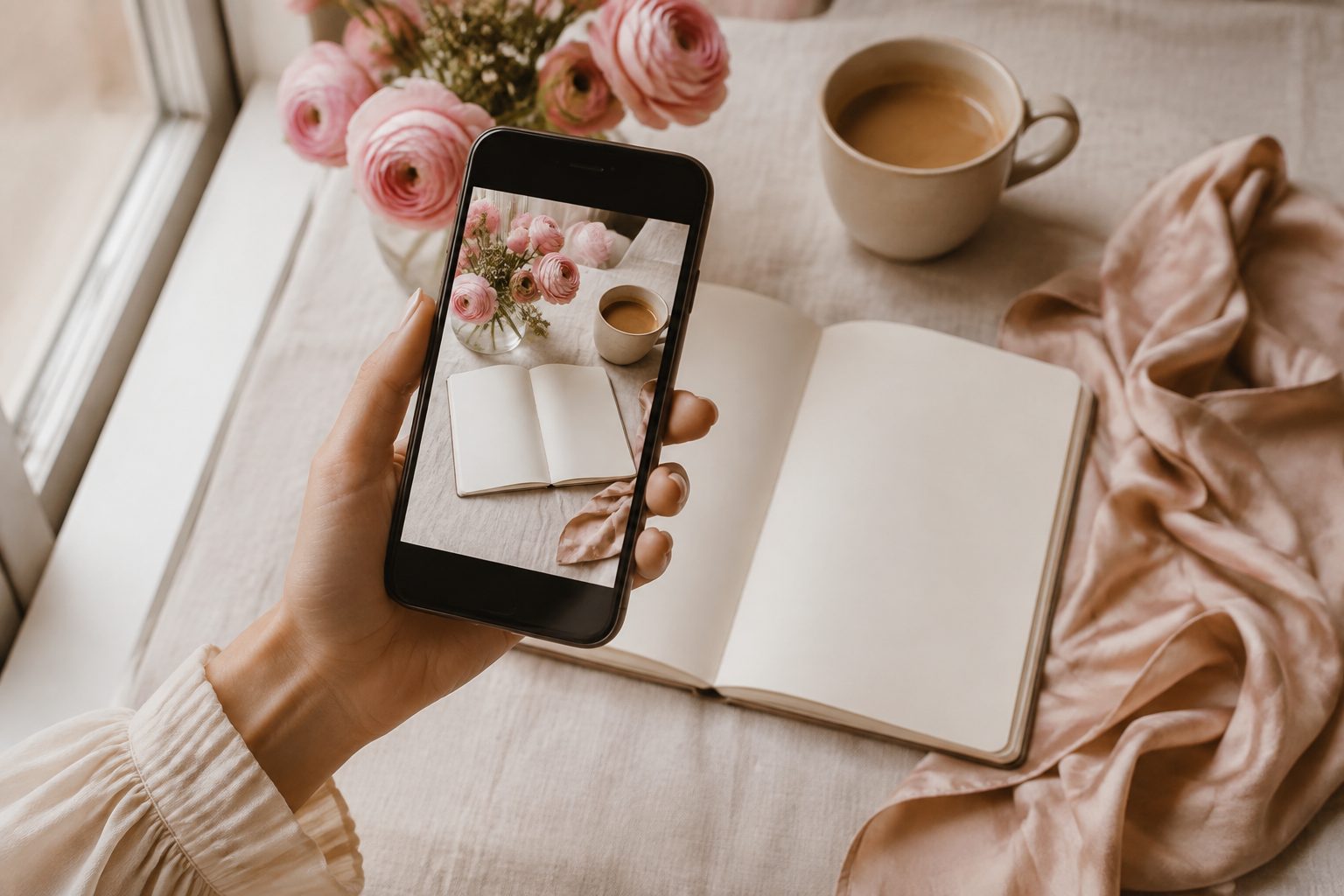 Main tenant un smartphone qui photographie une tasse de café et un bouquet de fleurs près d’une fenêtre