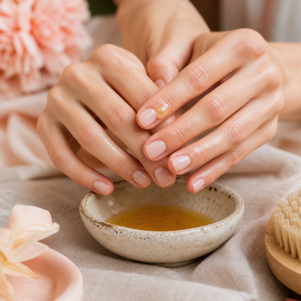 Massage d'une goutte d'huile végétale sur des ongles naturels courts