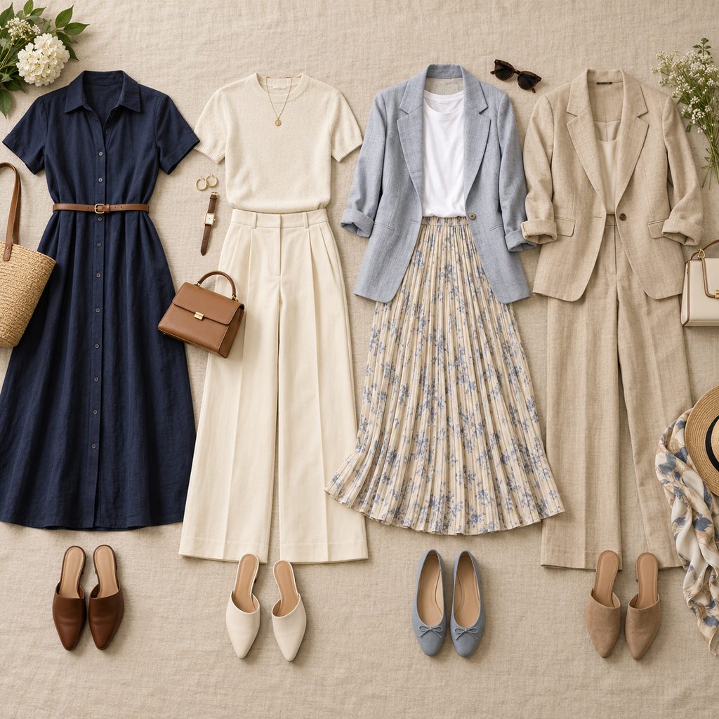 Quatre tenues d'entretien d'été posées à plat : robe chemise, pantalon large, jupe midi et tailleur en lin