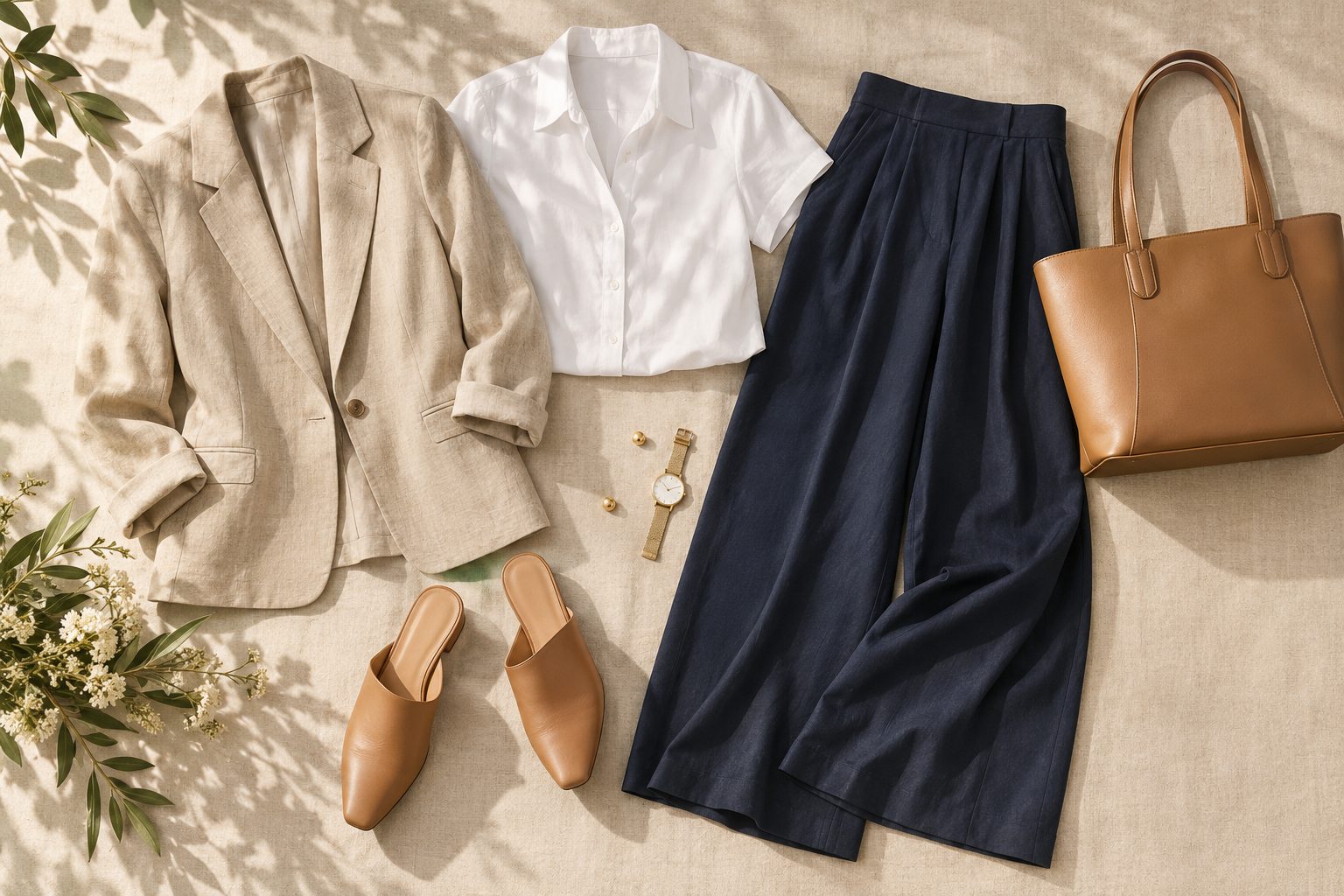 Tenue d'entretien d'embauche d'été posée à plat : blazer en lin beige, blouse blanche, pantalon large marine et mules en cuir