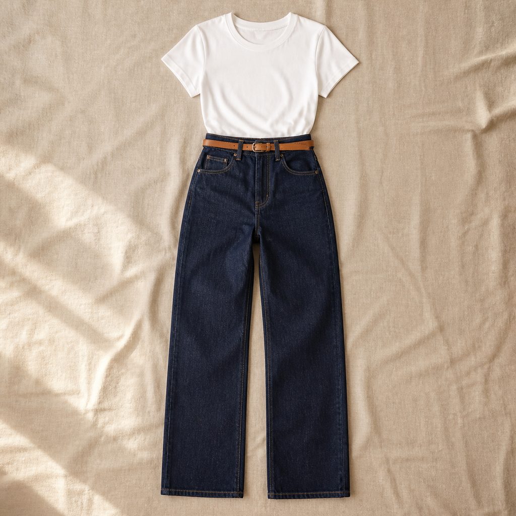 Jean taille haute, t-shirt rentré et ceinture fine posés à plat sur fond neutre