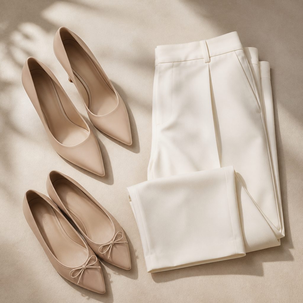 Escarpins nude à bout pointu et ballerines posés à côté d'un pantalon 7/8