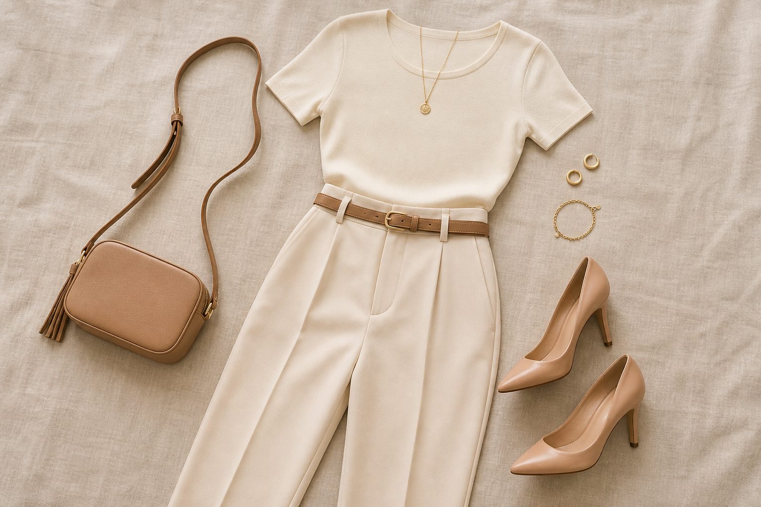 Tenue à taille haute et monochrome posée à plat avec des escarpins nude et une ceinture fine