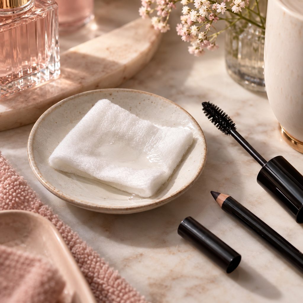 Coton imbibé de démaquillant posé à côté d'un mascara et d'un crayon eye-liner