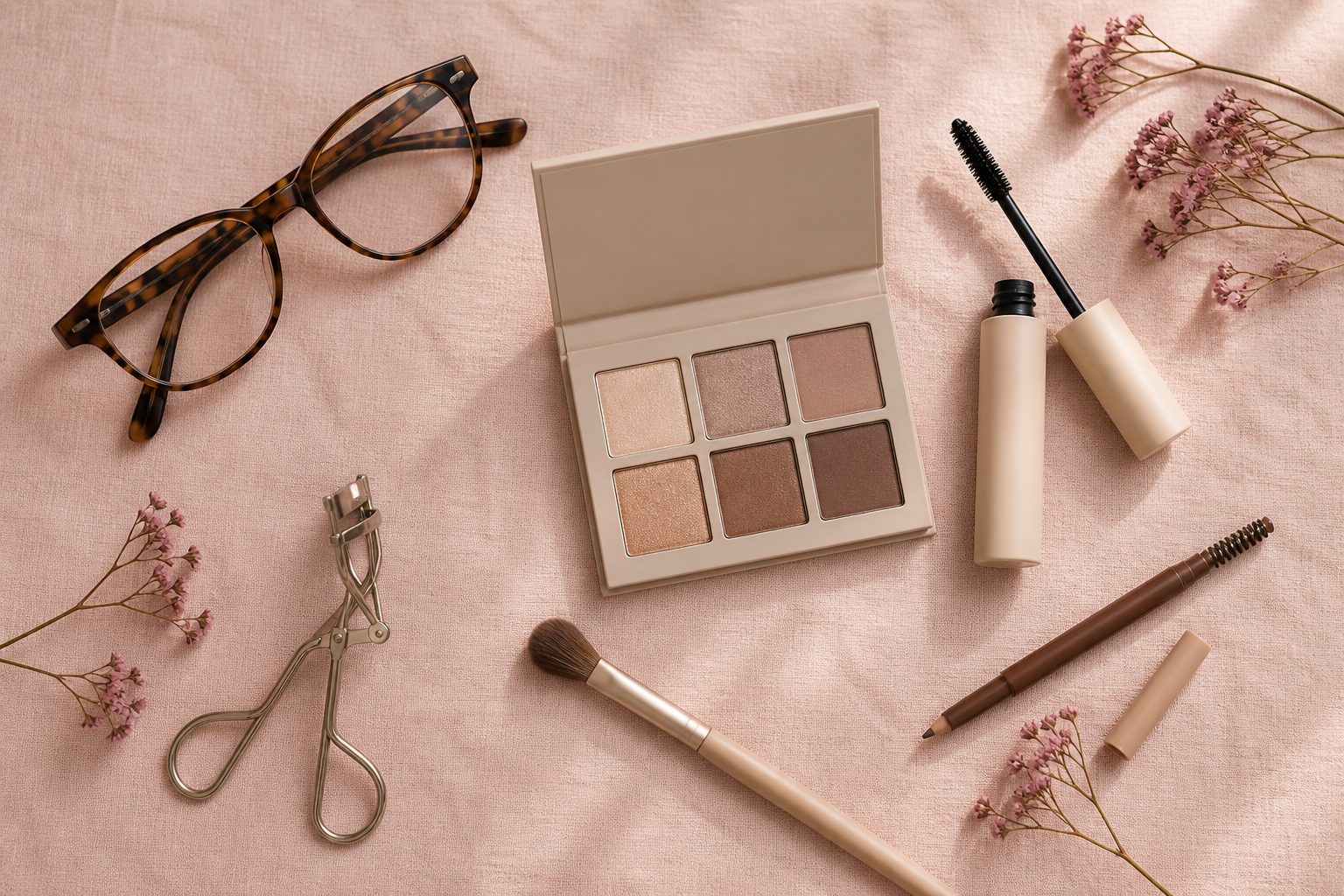 Paire de lunettes posée sur une coiffeuse à côté d'une palette de fards, d'un mascara et d'un crayon à sourcils