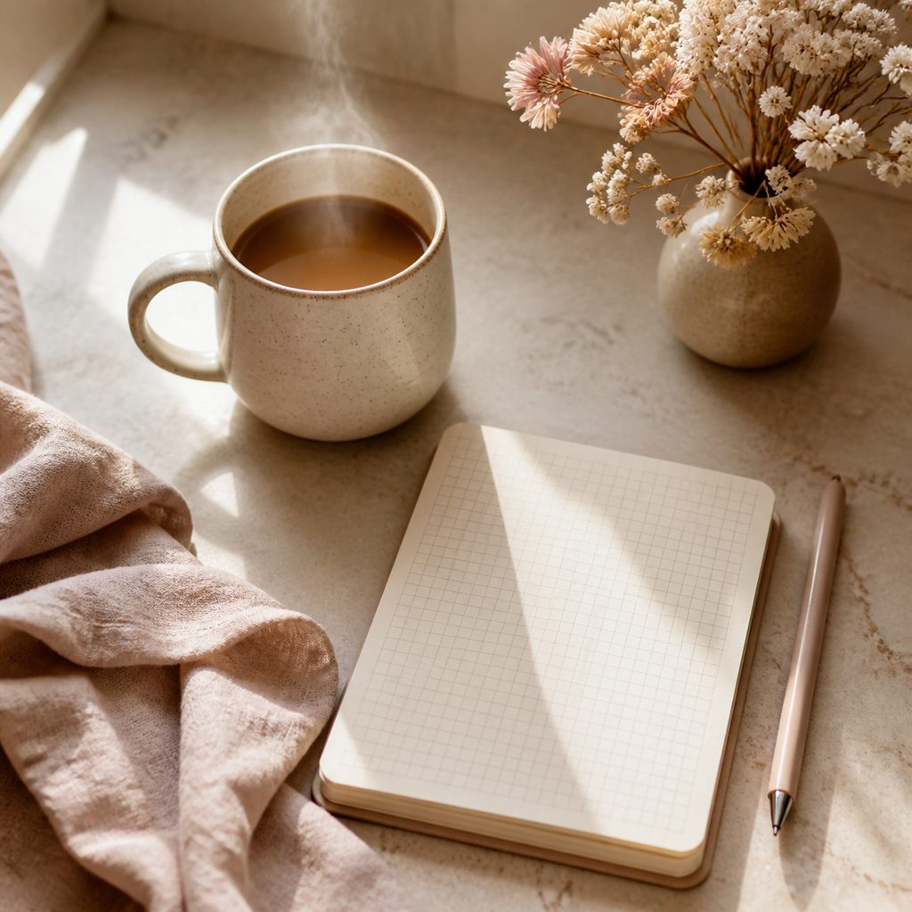 Tasse de café et carnet de suivi d'habitudes posés sur un plan de travail le matin