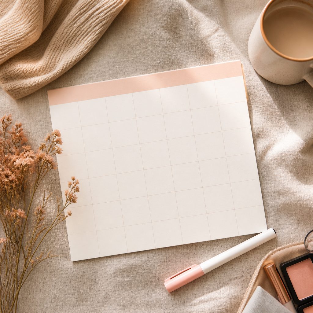Carnet de suivi mensuel, marqueur pastel et bouquet de fleurs séchées sur une table