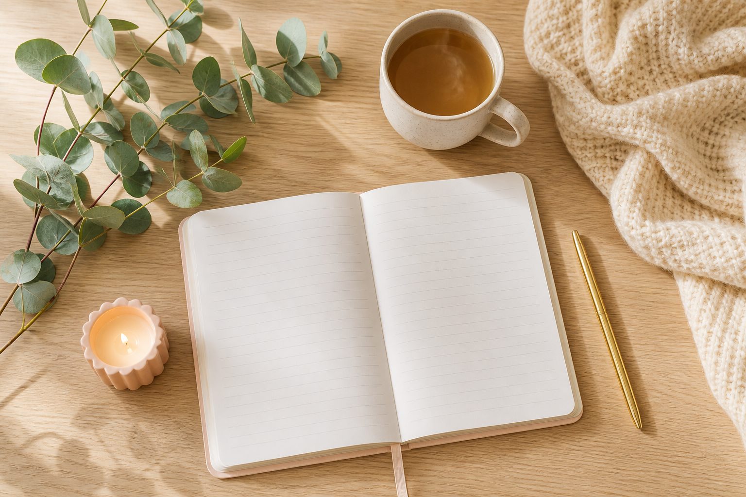 Carnet ouvert, stylo doré et tasse de thé sur une table claire, ambiance de nouveau départ