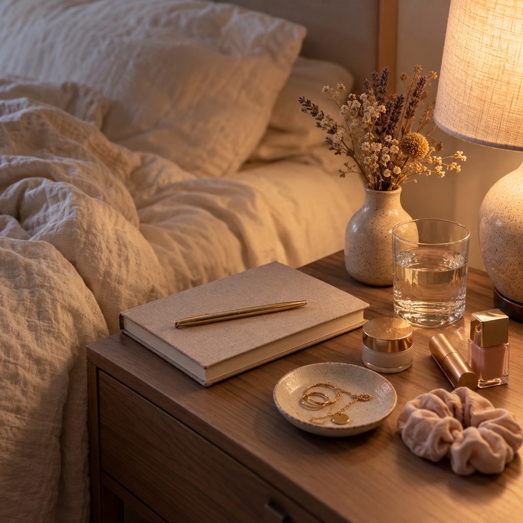 Carnet fermé et stylo posés sur une table de nuit à côté d'une lampe allumée et d'un petit vase de fleurs