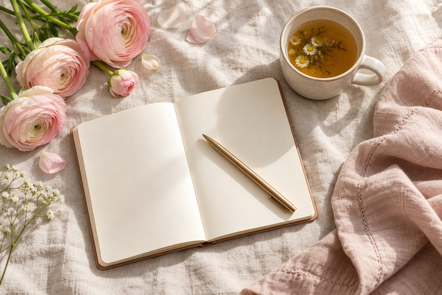 Carnet ouvert aux pages blanches avec un stylo, une tasse de tisane et quelques fleurs fraîches posés sur un drap en lin clair