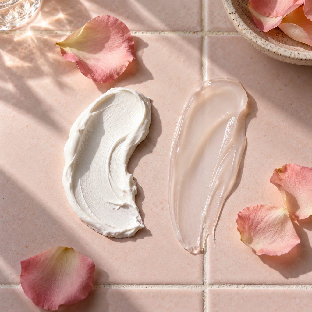 Deux textures de crème solaire comparées : une minérale blanche et épaisse, une chimique fluide et transparente