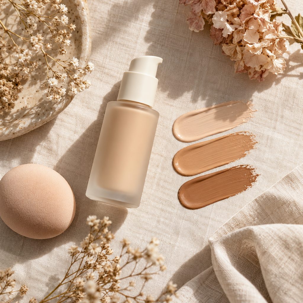 Trois nuances de crème solaire minérale teintée étalées sur un linge clair, du beige clair au beige foncé