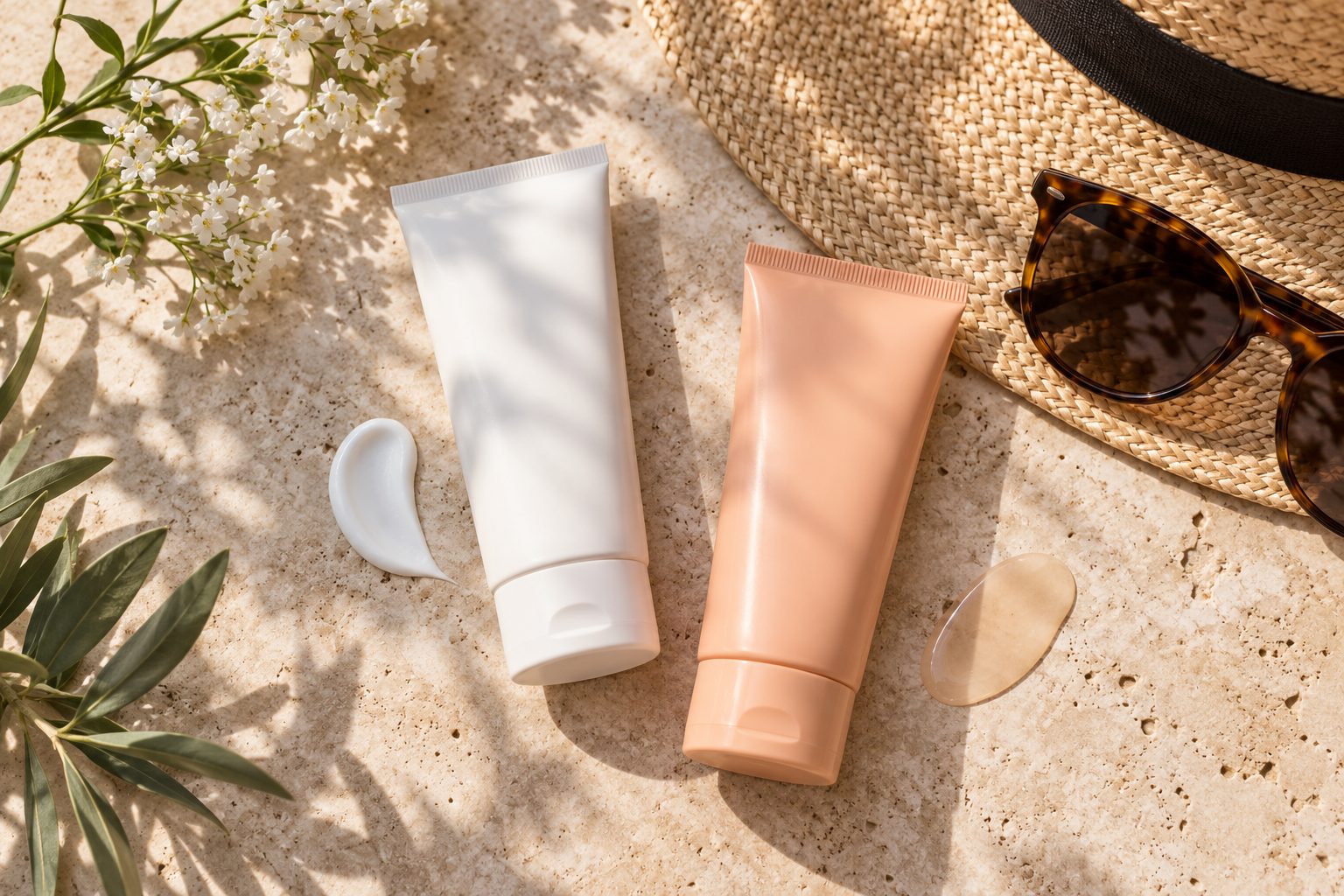 Deux tubes de crème solaire visage côte à côte, l'un avec une noisette de crème blanche épaisse, l'autre avec une goutte de fluide transparent, près d'un chapeau de paille
