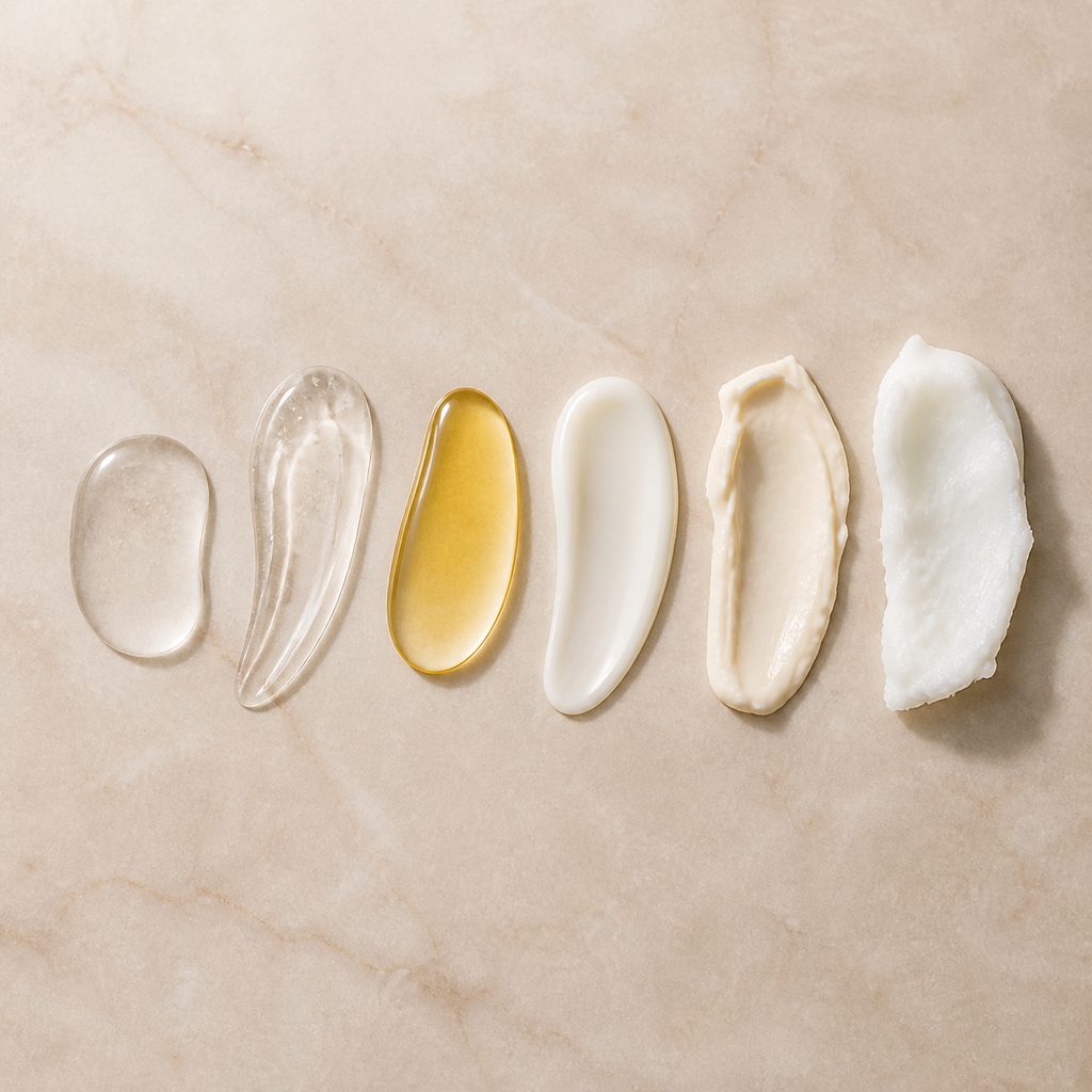 Textures de soins visage comparées côte à côte, de la plus fluide à la plus épaisse