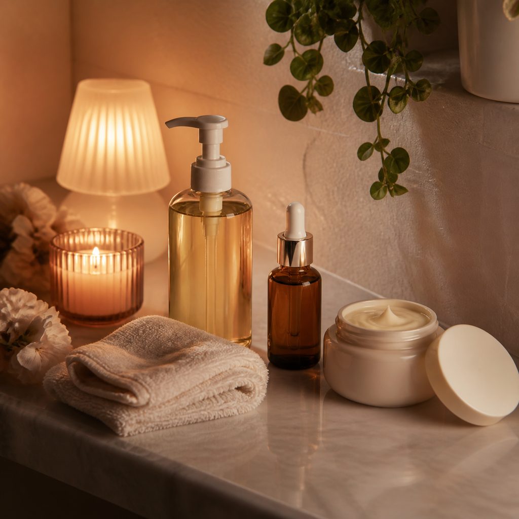 Étagère de salle de bain avec les soins du soir, huile démaquillante, sérum et crème riche