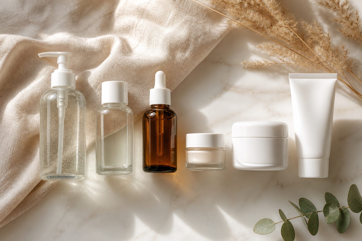 Produits de soin visage alignés du plus fluide au plus riche sur une tablette de salle de bain
