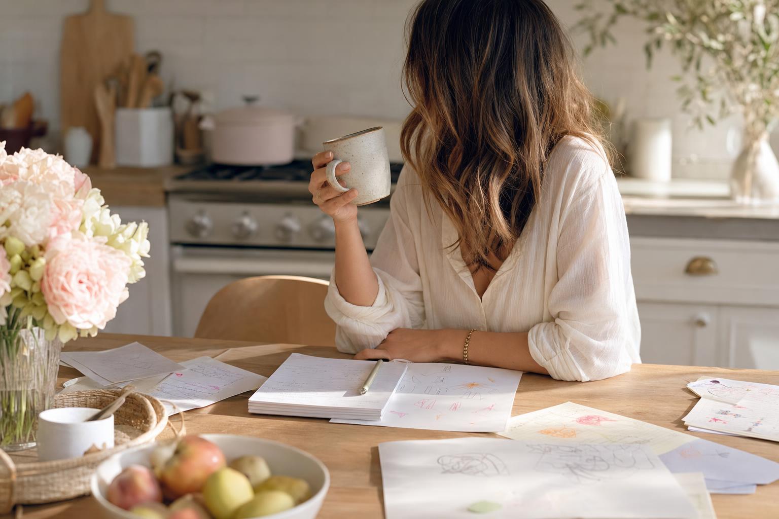 Un parent assis à la table de la cuisine, une tasse à la main, entouré de listes et de dessins d'enfant