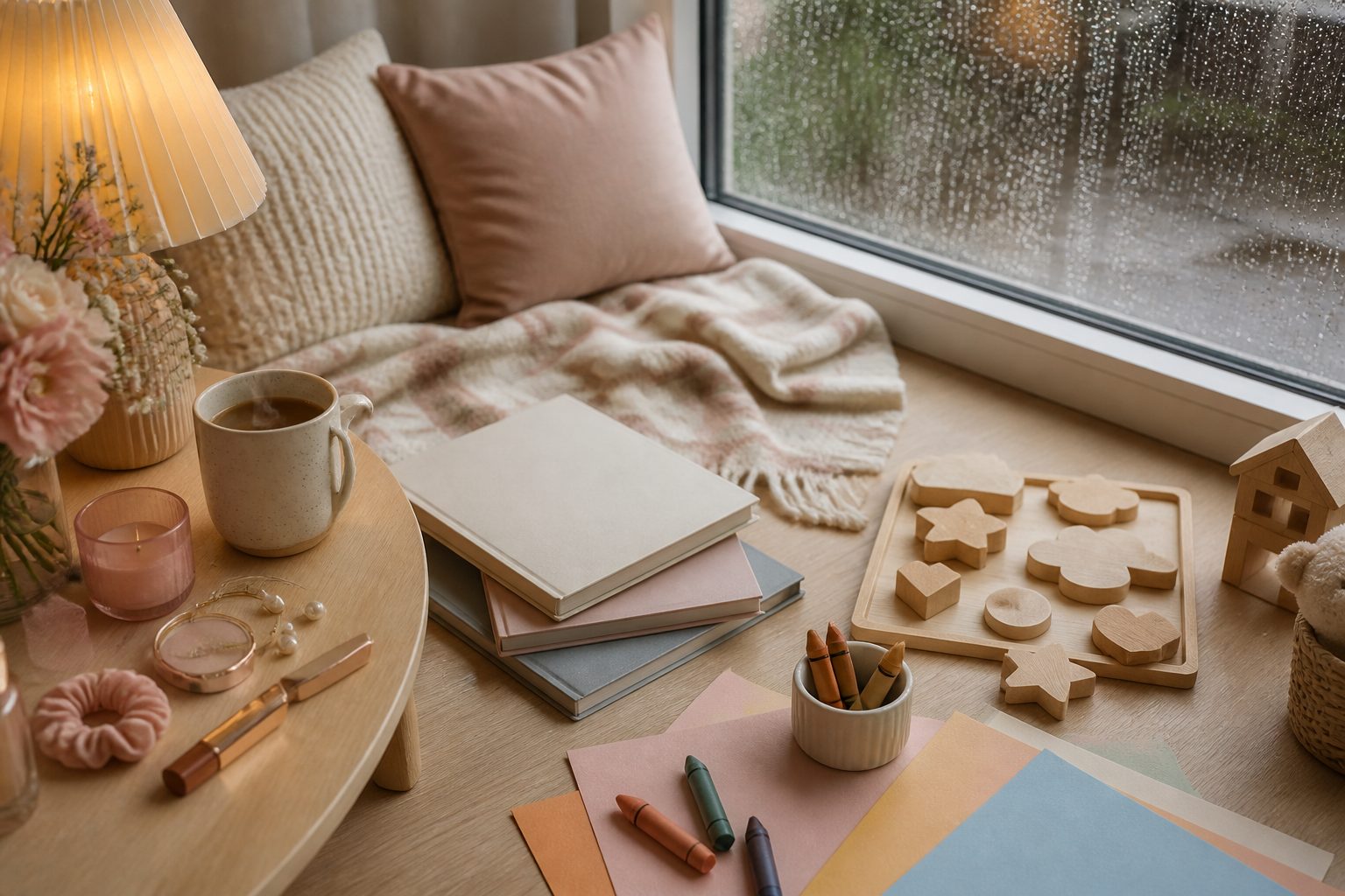 Coin d'activités d'intérieur près d'une fenêtre couverte de gouttes de pluie : plaid, coussins, livres d'enfant, crayons et tasse fumante
