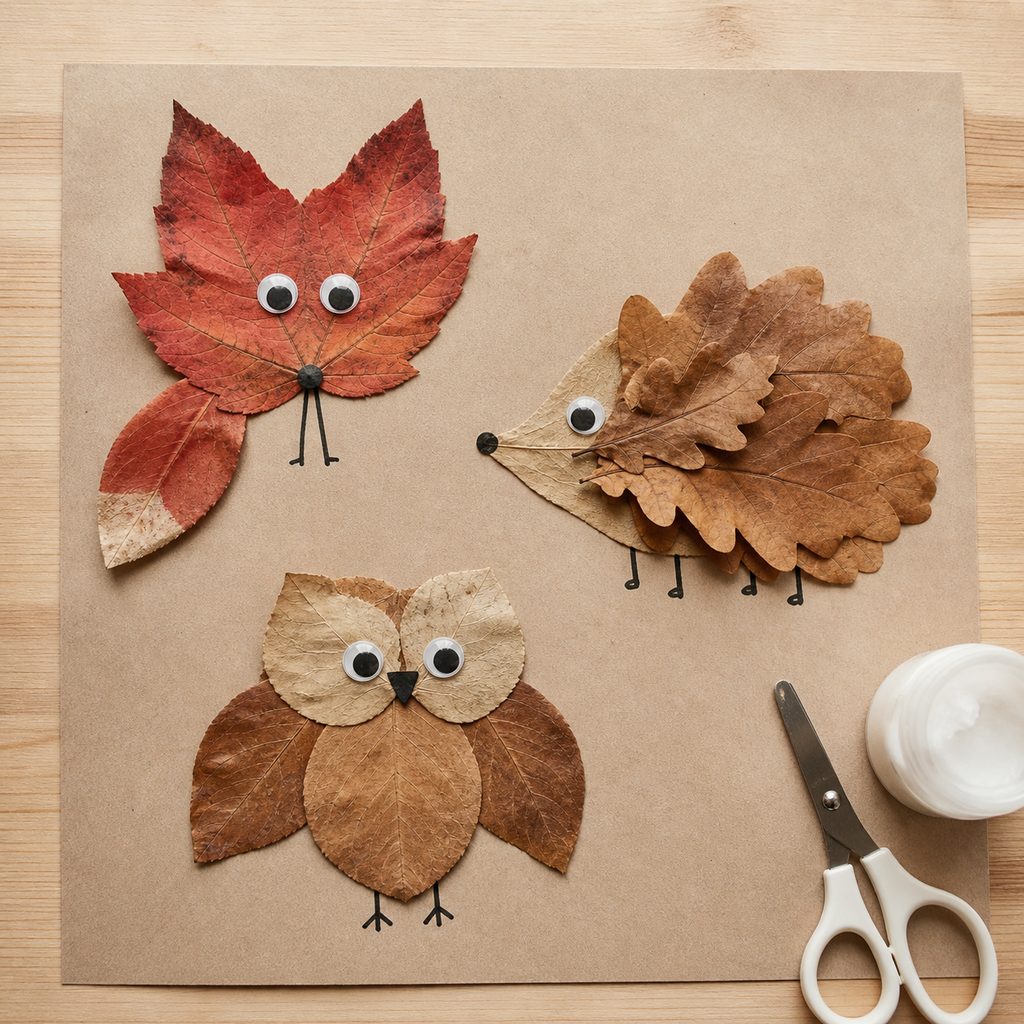 Animaux réalisés avec des feuilles d'automne collées sur du papier kraft, avec des yeux mobiles et des pattes dessinées au feutre