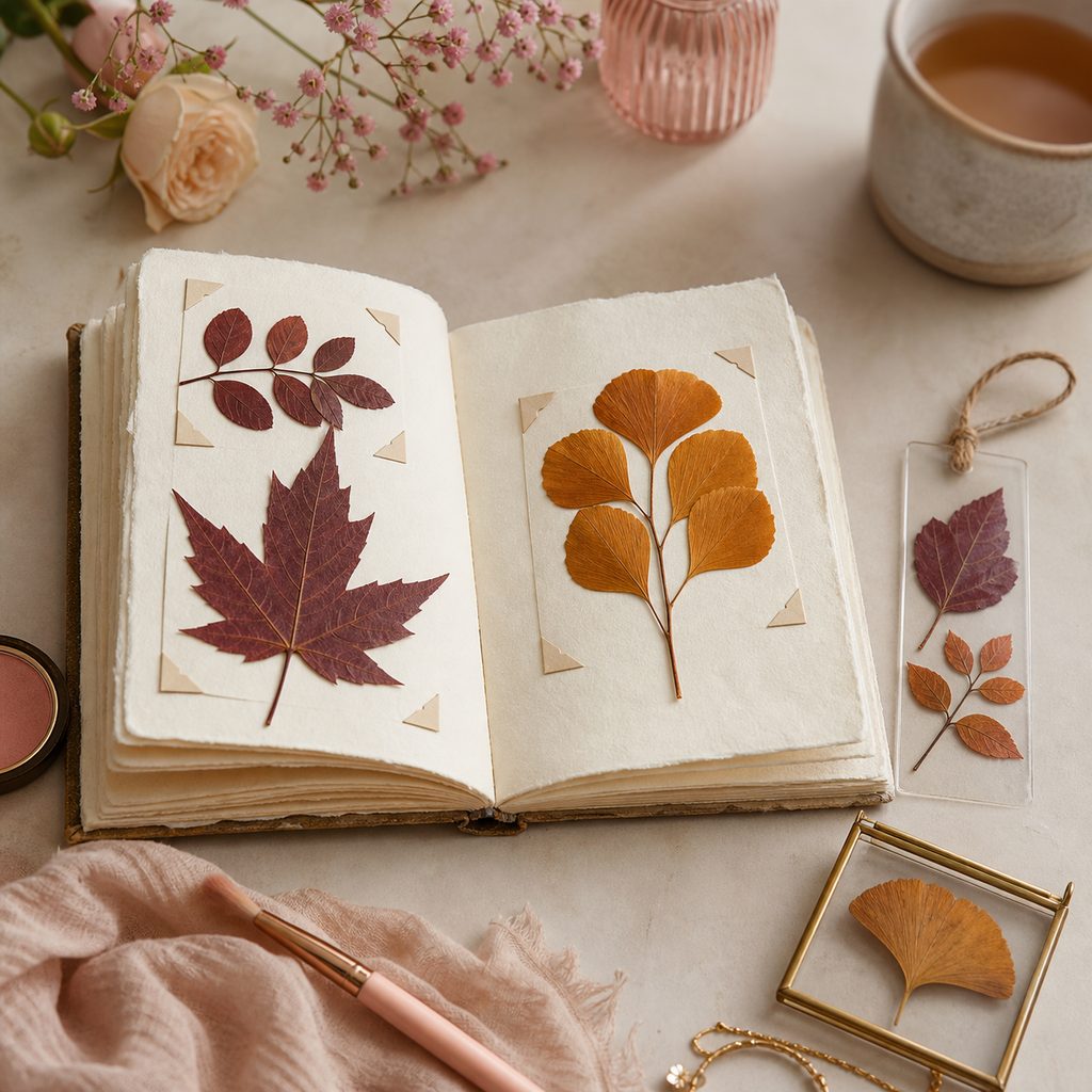 Herbier ouvert avec des feuilles d'automne pressées fixées par des coins photo, à côté d'un marque-page plastifié et d'un petit cadre en verre
