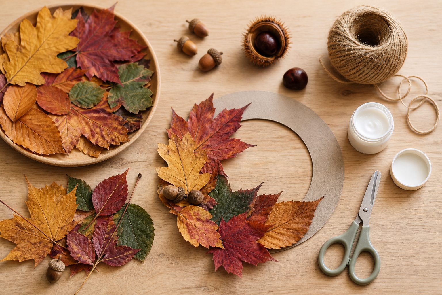 Table en bois avec des feuilles d'automne colorées, des ciseaux, de la colle et une petite couronne en cours de réalisation