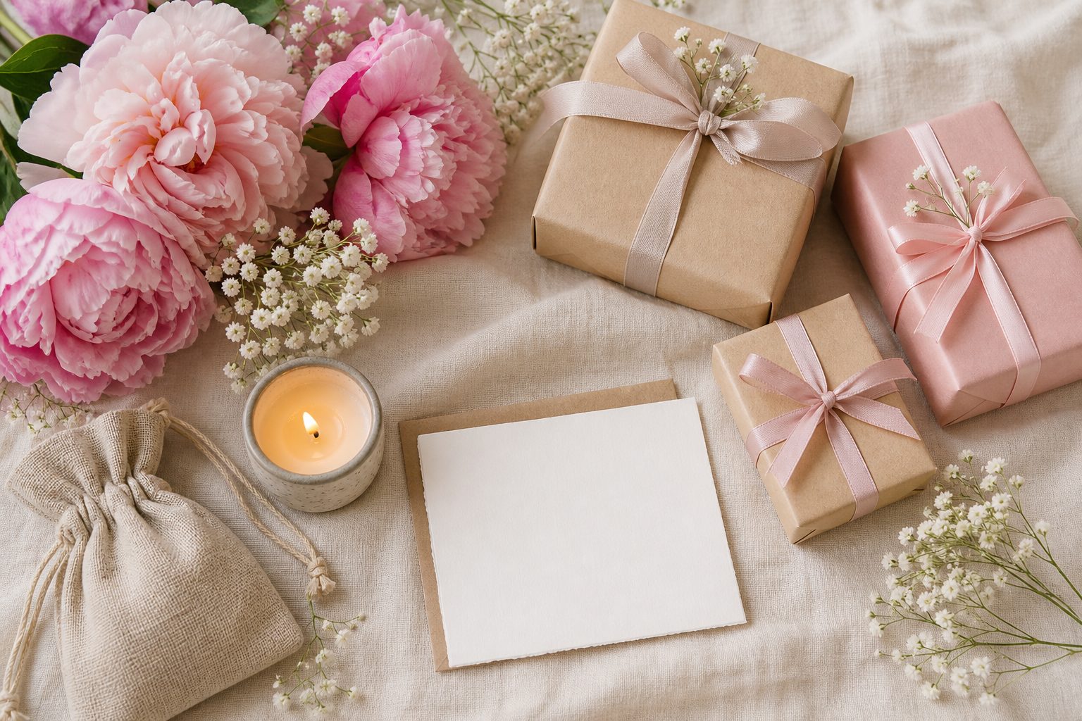 Petits cadeaux de fête des mères joliment emballés avec des fleurs fraîches sur une table claire