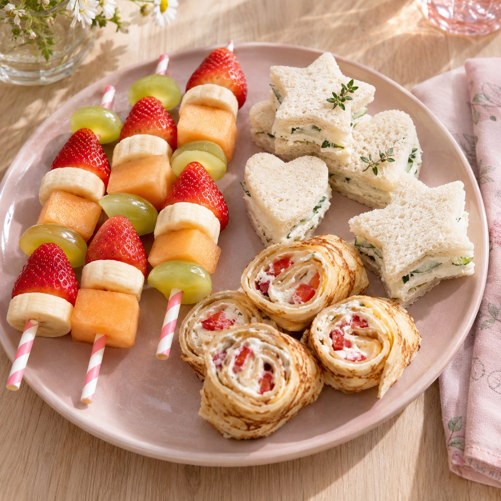 Plateau de brochettes de fruits et de mini-sandwichs en forme d'étoiles pour un goûter d'anniversaire d'enfants