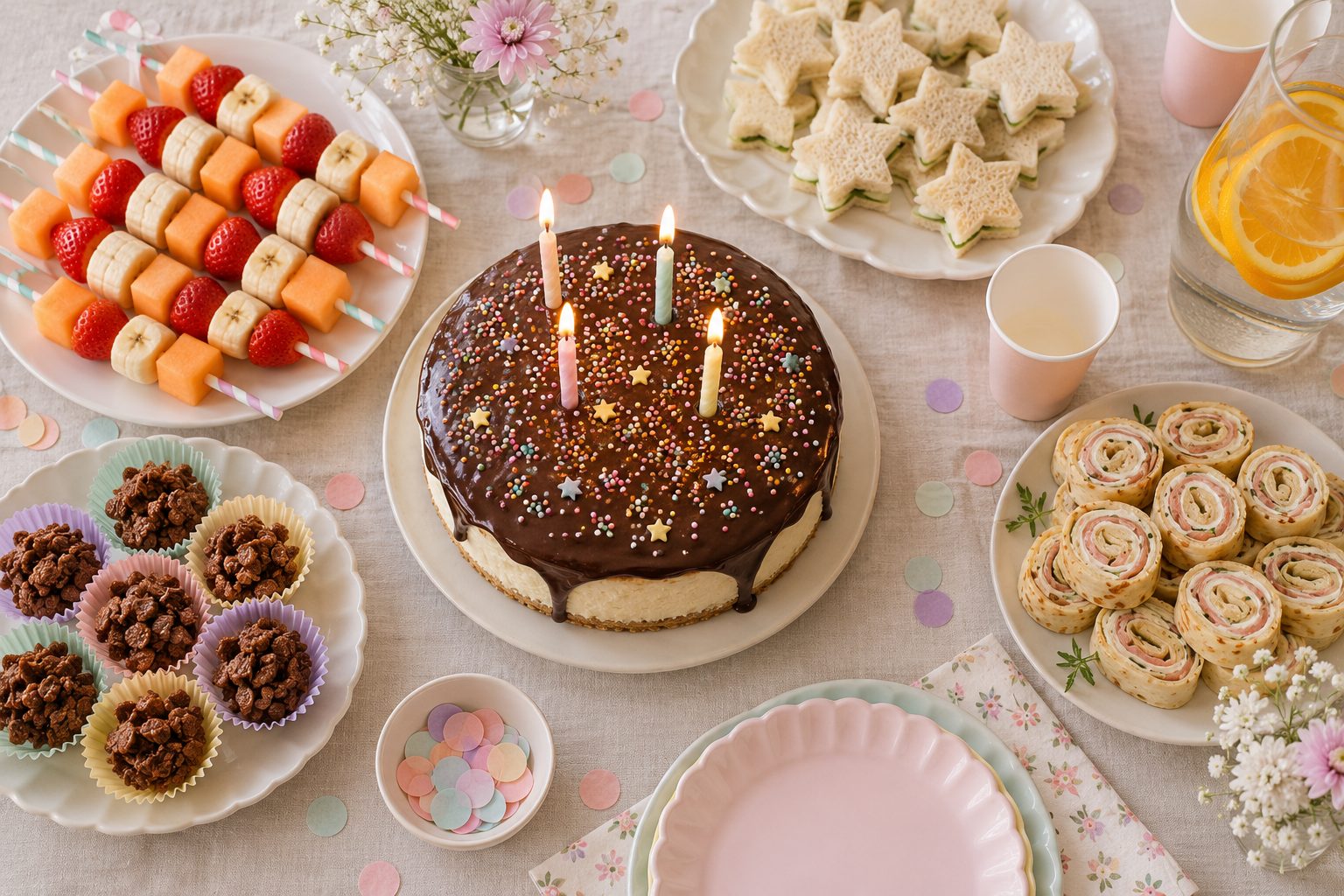 Table de goûter d'anniversaire pour enfants avec gâteau au chocolat et bougies, brochettes de fruits, mini-sandwichs et roses des sables