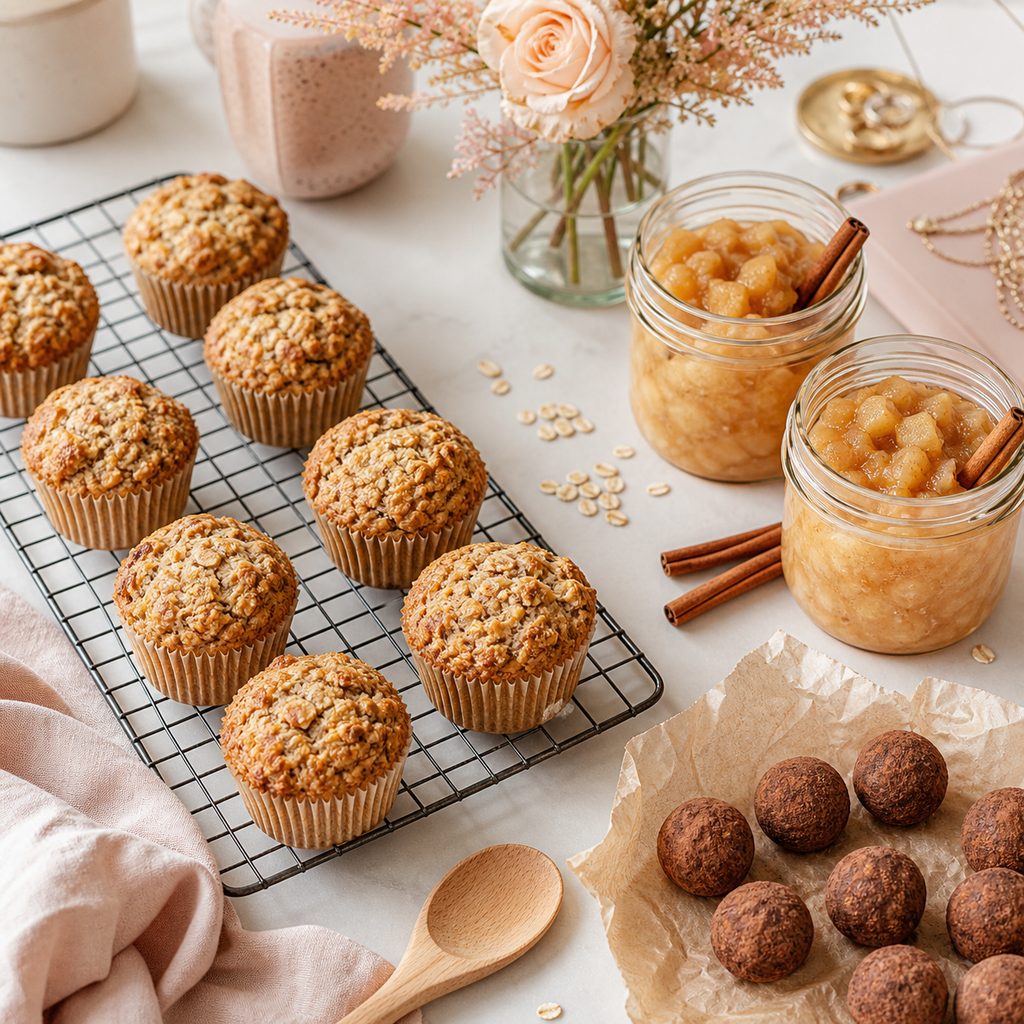 Muffins à la banane et bouchées à l’avoine refroidissant sur une grille, à côté de bocaux de compote maison