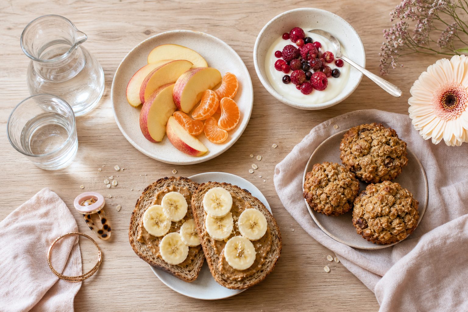 Table de goûter d’enfant avec pommes coupées, fromage blanc aux fruits rouges, tartines à la purée d’amande et verre d’eau