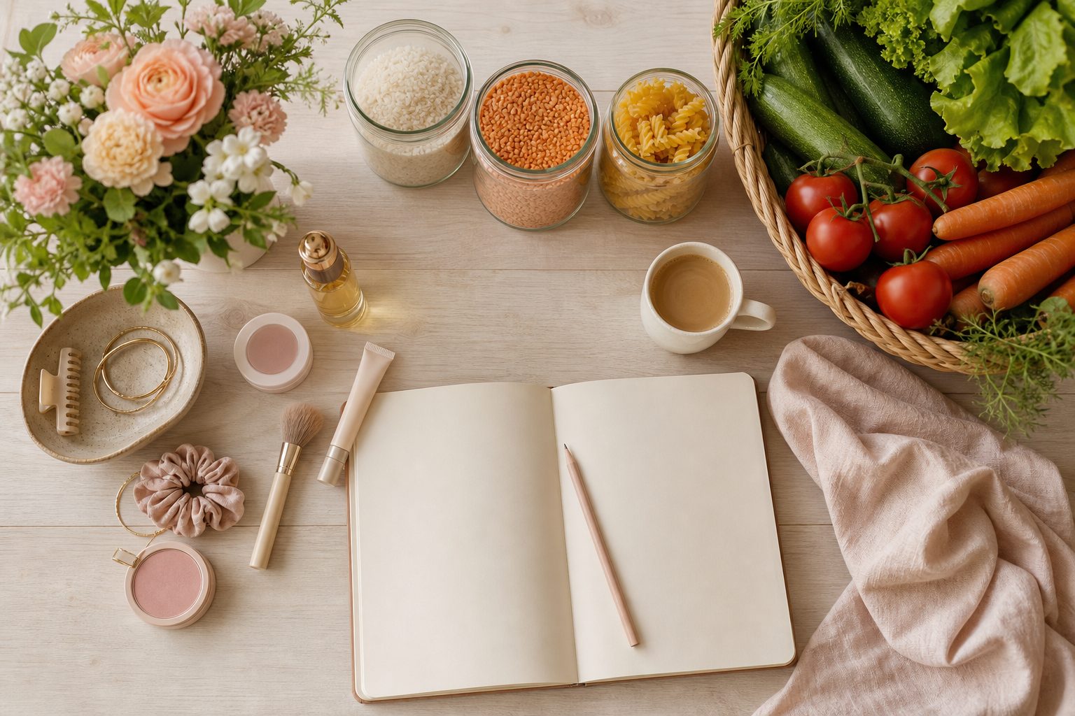 Table de cuisine claire avec un carnet ouvert, un crayon, des légumes frais et des bocaux de céréales pour préparer les menus de la semaine