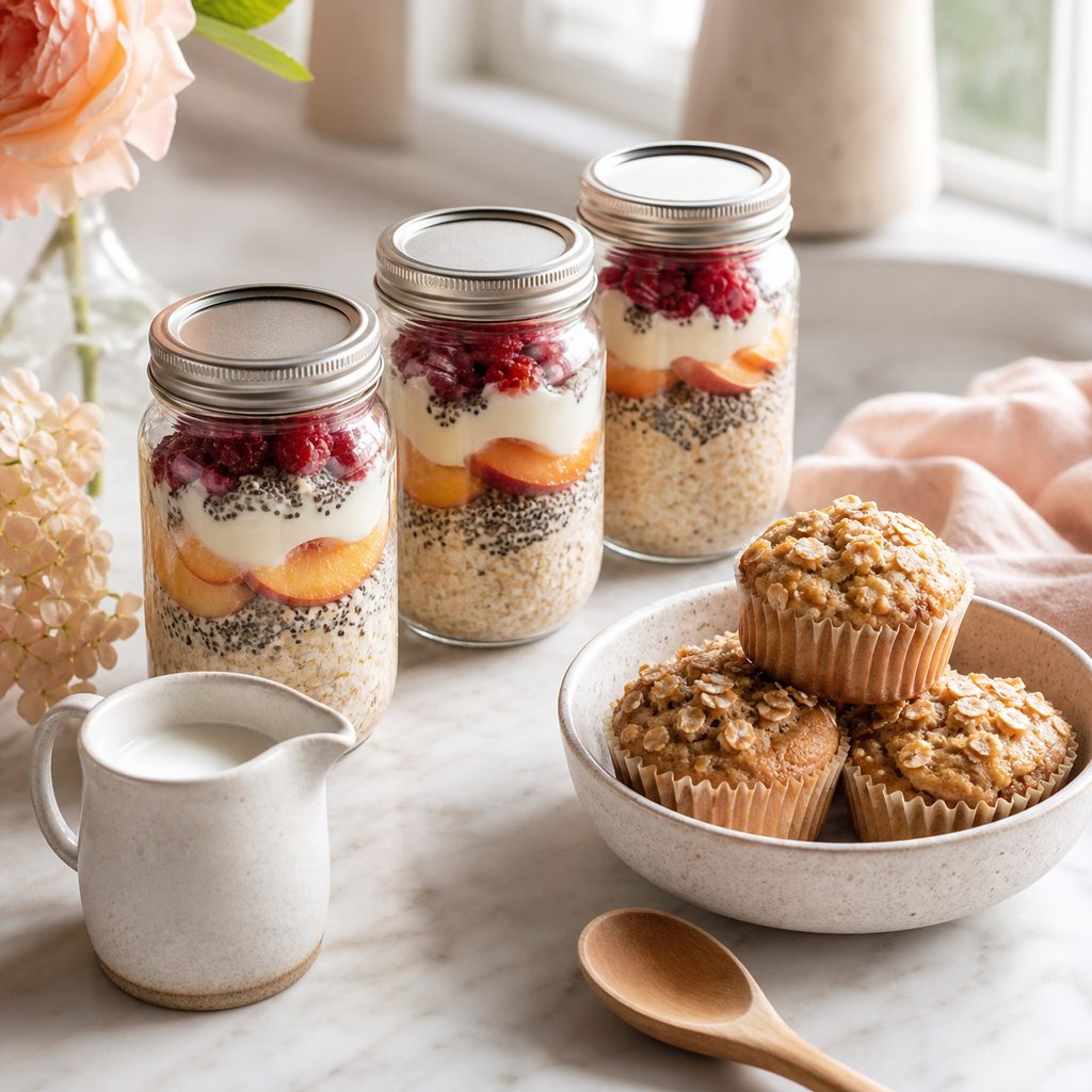 Bocaux d’overnight oats aux fruits et muffins à l’avoine préparés d’avance sur un plan de travail