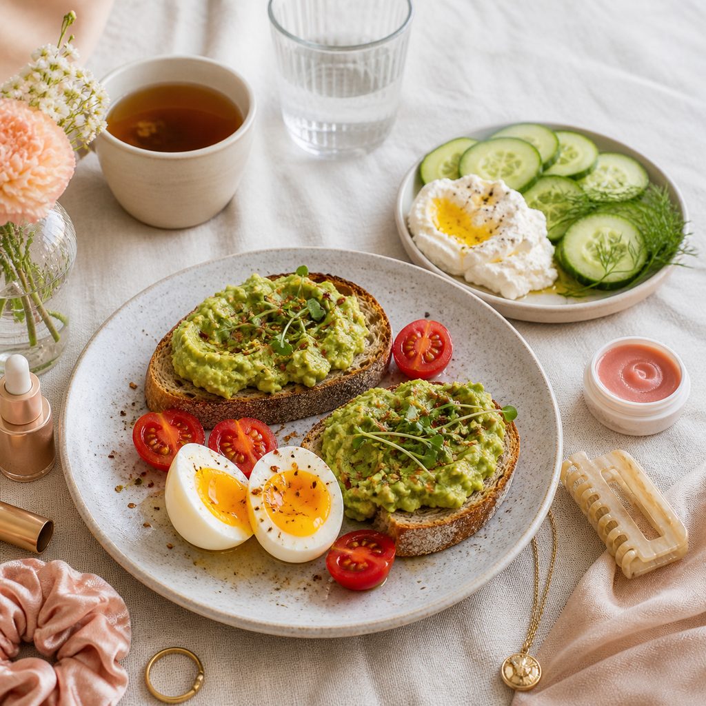 Assiette de petit-déjeuner salé avec tartines de pain au levain, avocat écrasé, œuf mollet et tomates cerises