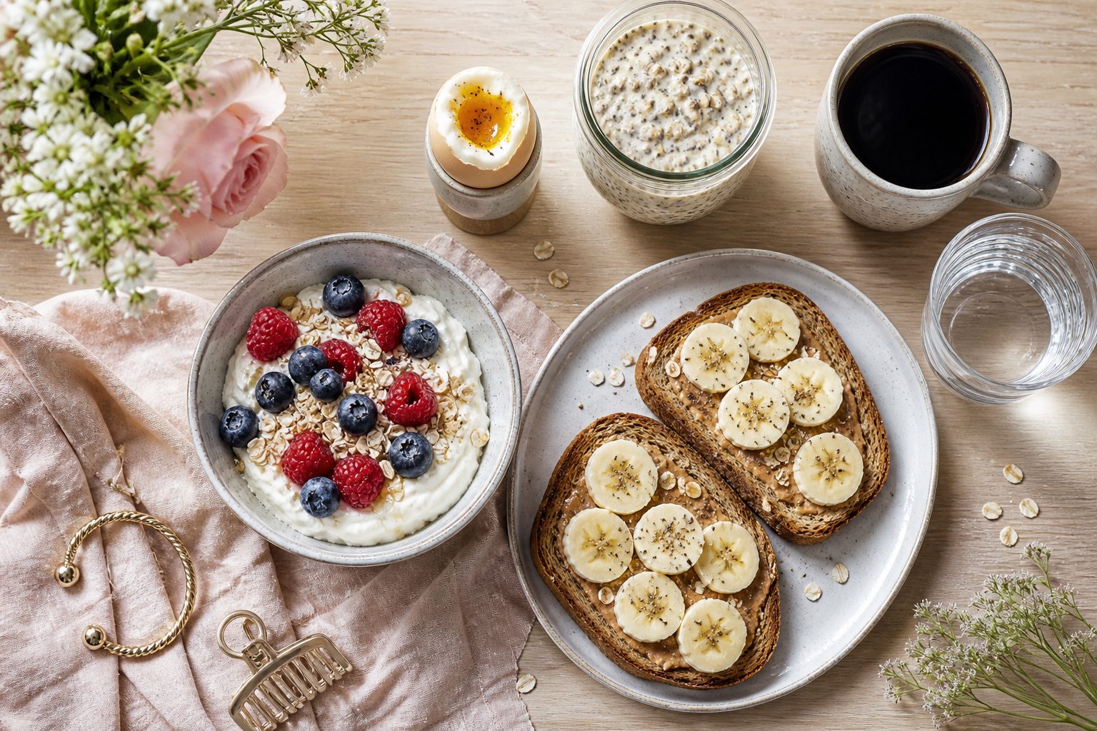 Petit-déjeuner rapide et équilibré : bol de fromage blanc aux flocons d’avoine et fruits rouges, tartines complètes et café