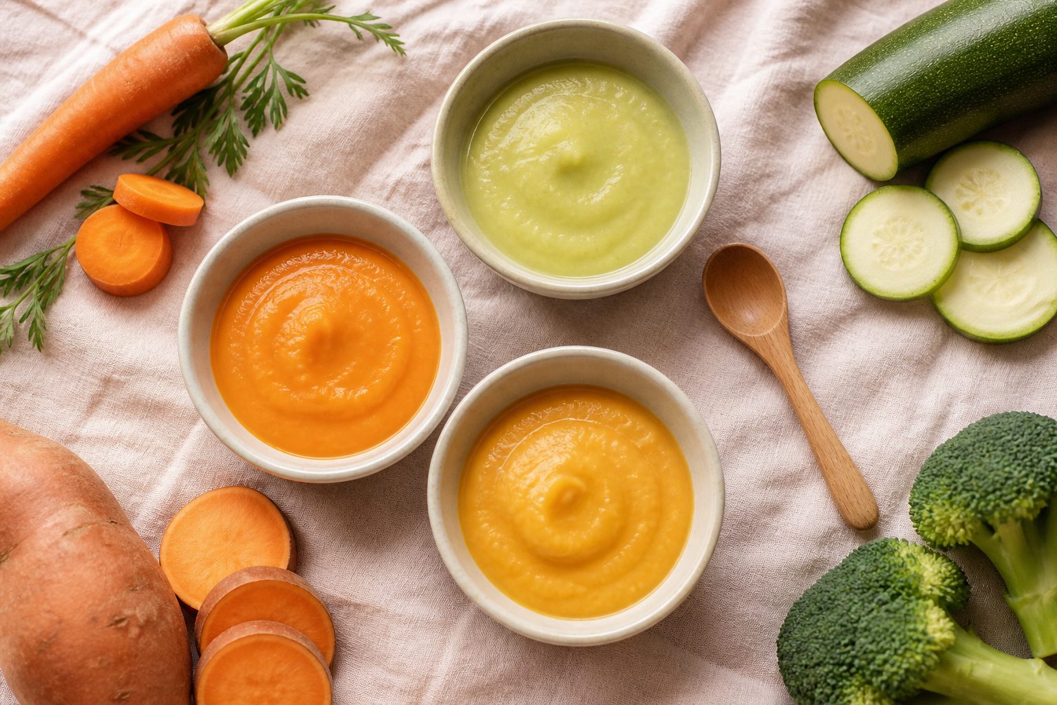 Petits bols de purées de légumes colorées préparées pour la diversification alimentaire de bébé