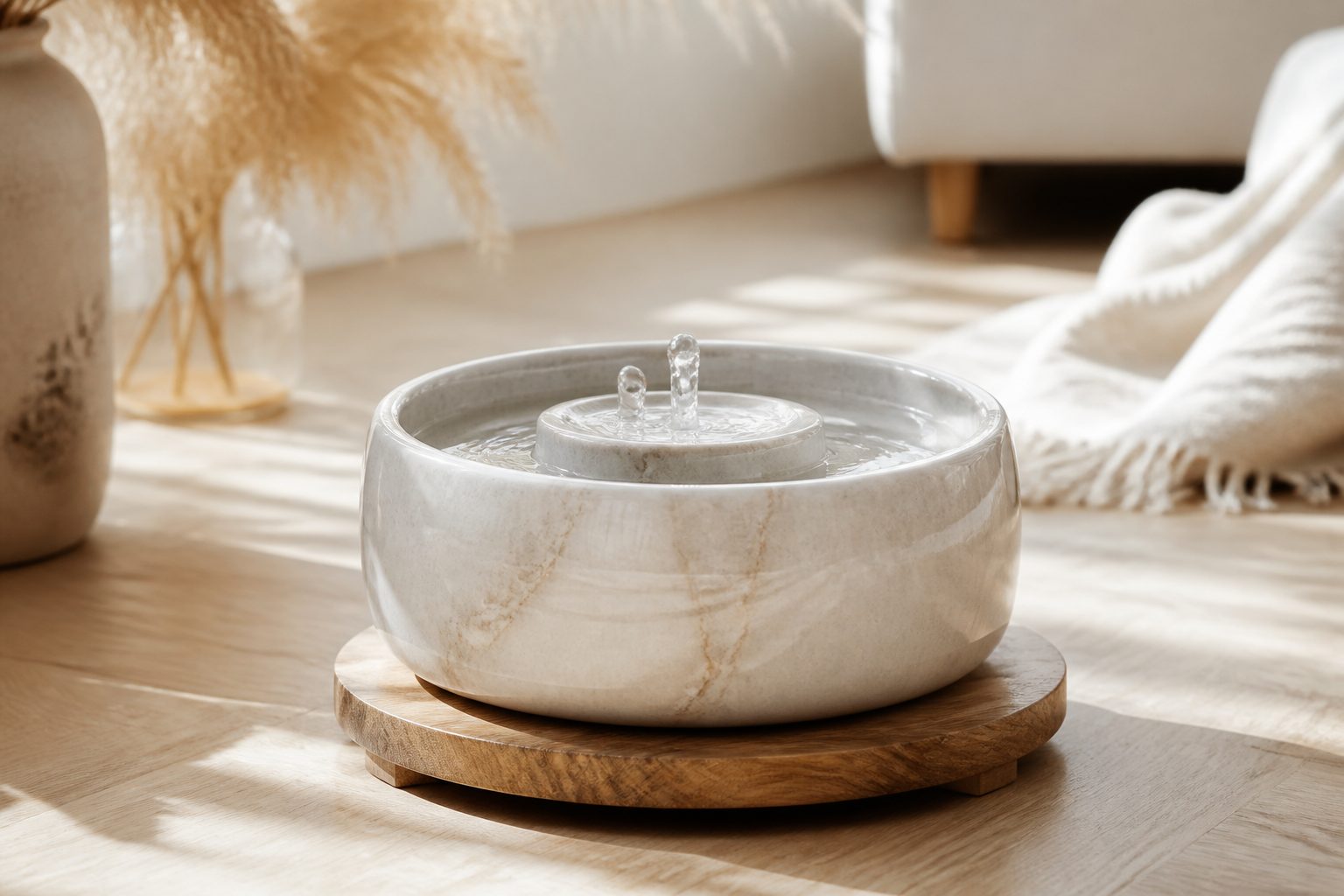 Fontaine à eau en céramique pour chat posée sur un parquet clair dans un intérieur lumineux