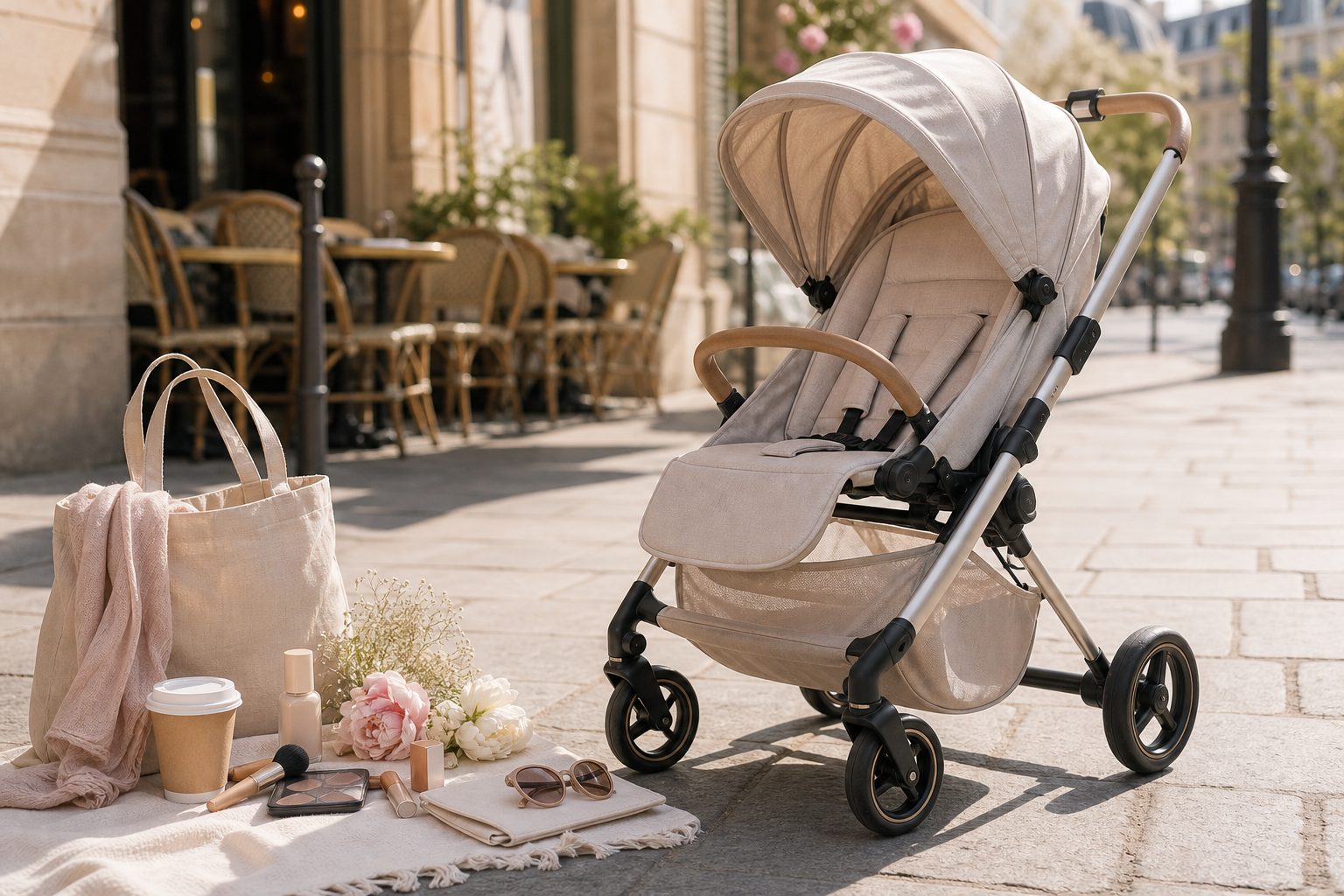 Poussette citadine compacte stationnée sur un trottoir clair, à côté d'un sac en toile et d'un café