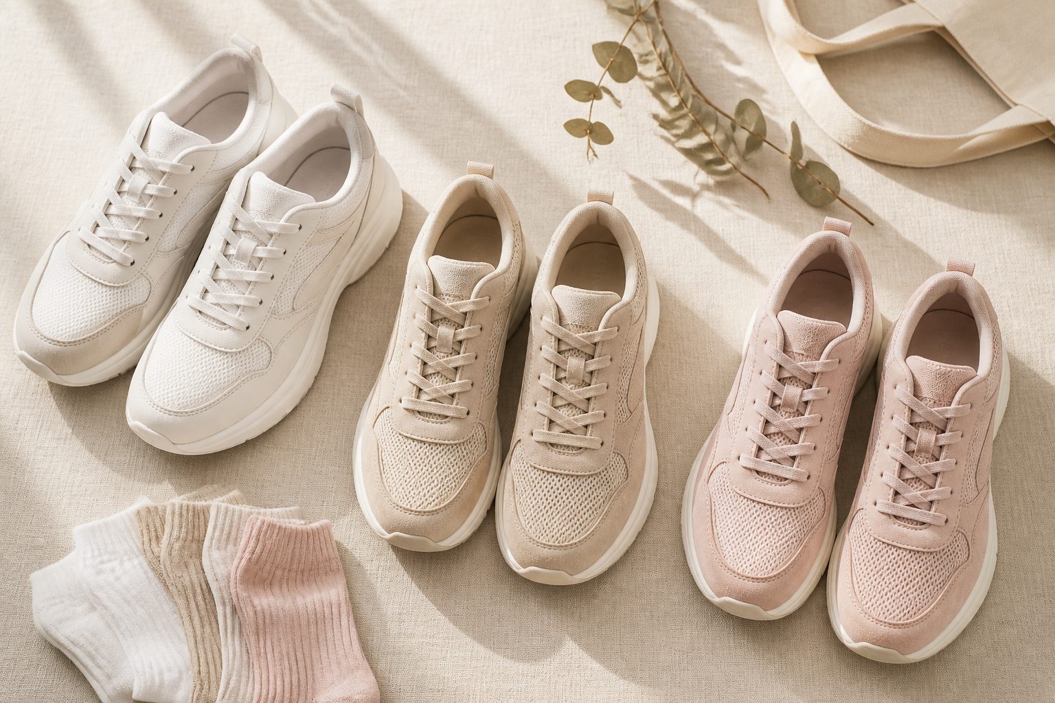 Trois paires de baskets blanches et beiges disposées à plat sur un tissu clair, avec une paire de chaussettes et un sac en toile