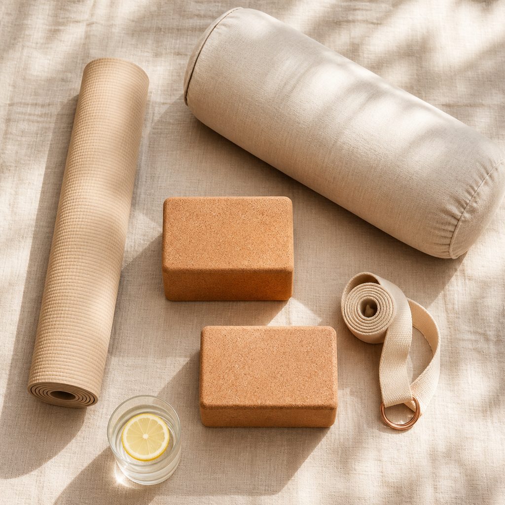 Tapis, bolster, briques en liège et sangle : le matériel qui sécurise une pratique de yoga pendant la grossesse