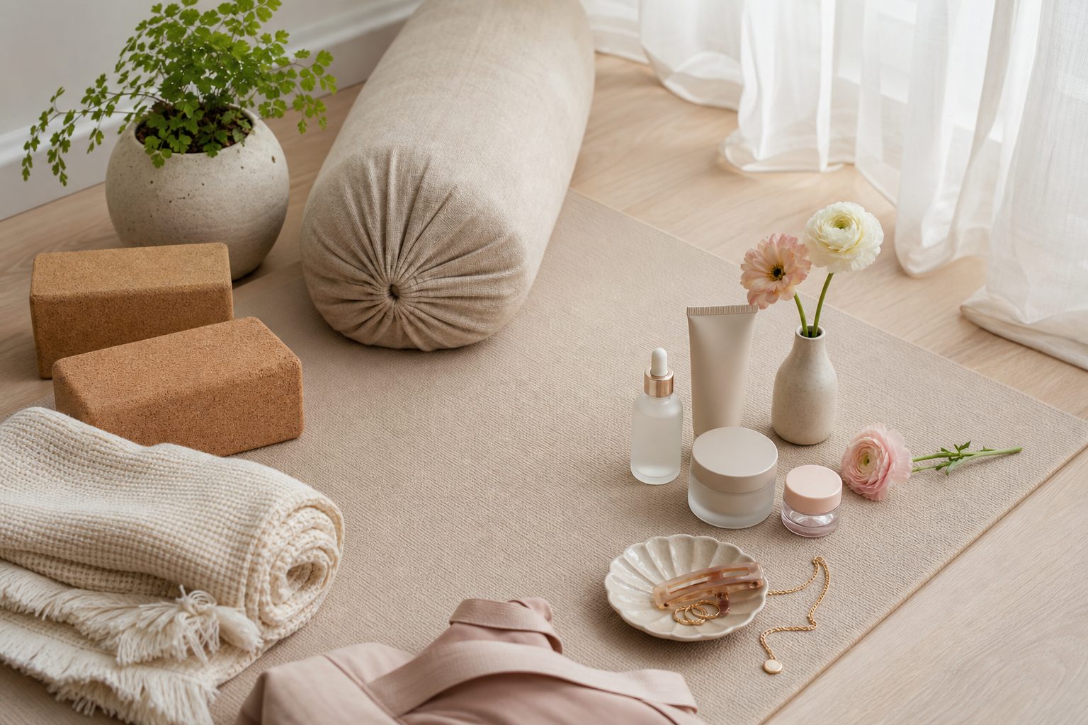 Coin yoga doux à la maison : tapis clair, bolster, briques en liège et plaid près d'une fenêtre