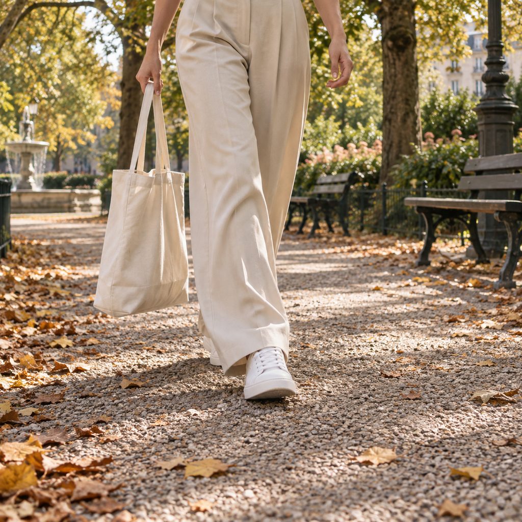 Marche tranquille dans une allée de parc à l'heure du déjeuner