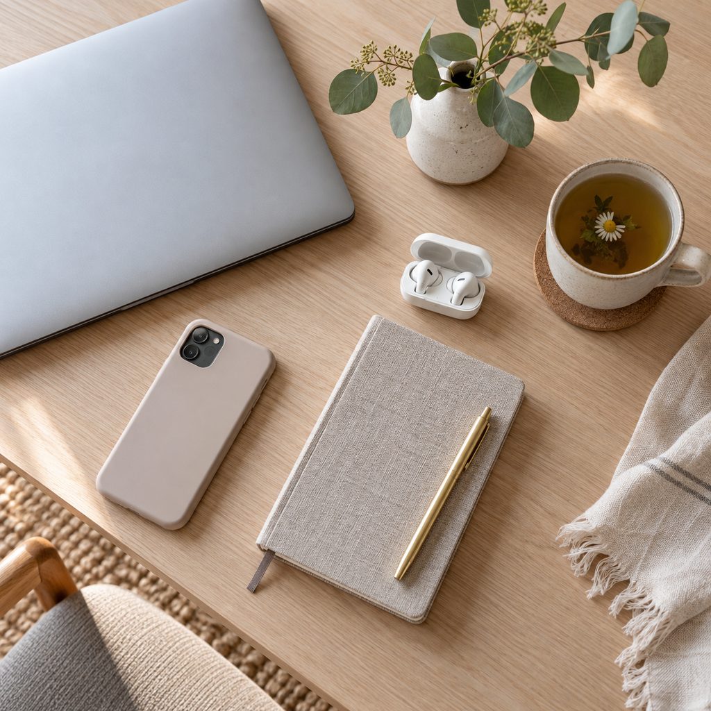 Coin calme au bureau : téléphone retourné, carnet, tisane et écouteurs pour une vraie pause