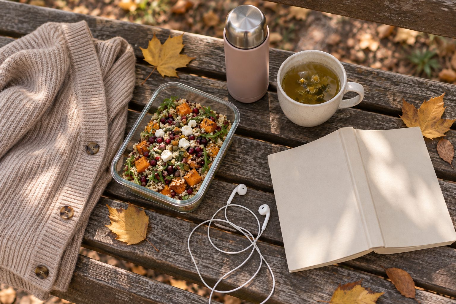 Pause déjeuner au calme sur un banc de parc : boîte repas, roman ouvert, thermos de thé et écouteurs posés sur le bois