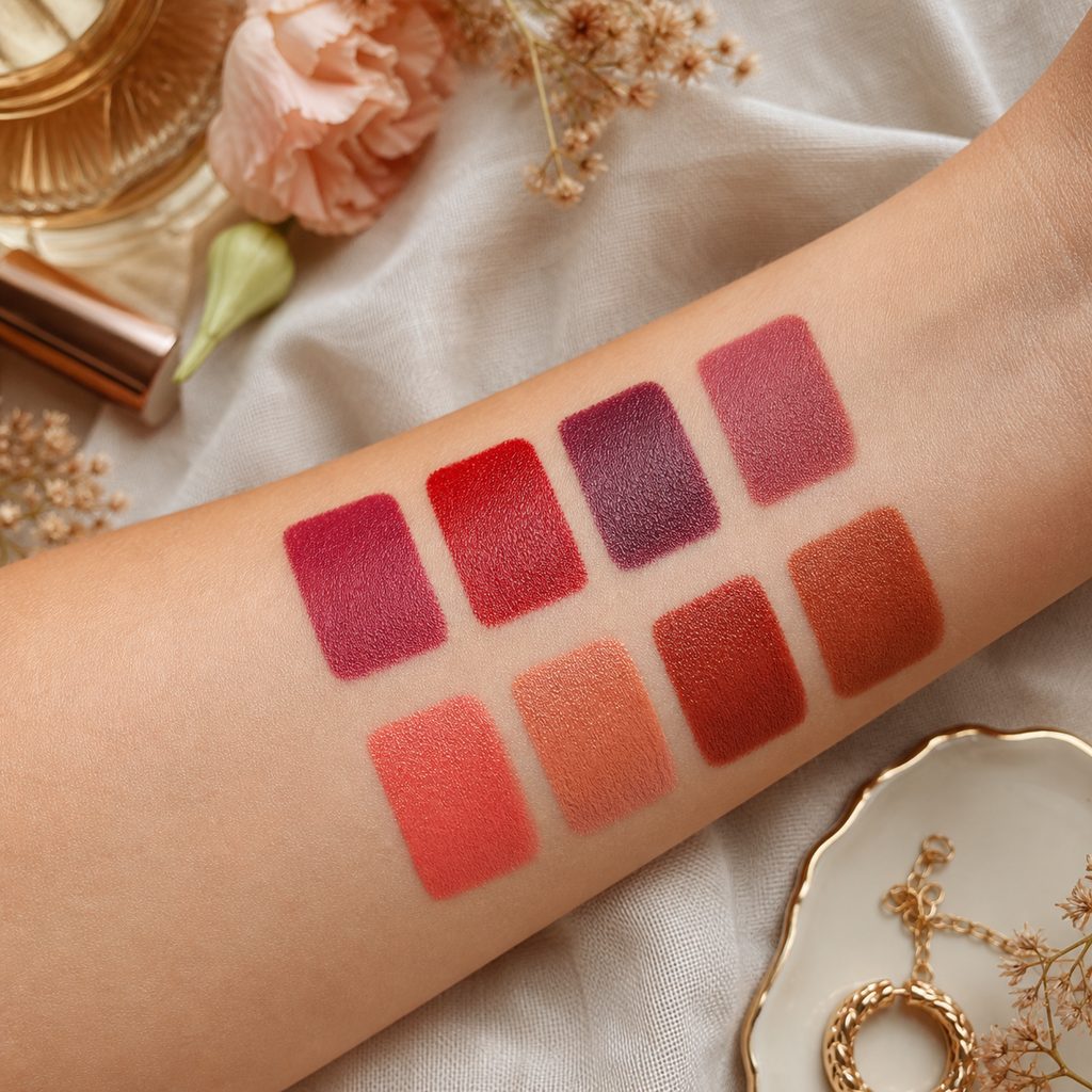 Deux rangées de traits de rouge à lèvres testés sur l'avant-bras, teintes froides framboise et prune au-dessus, teintes chaudes corail et brique en dessous