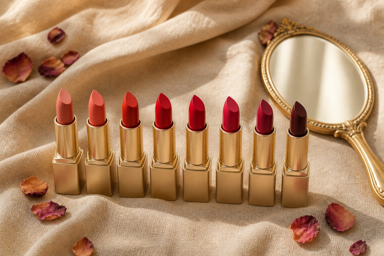 Plusieurs rouges à lèvres ouverts alignés du nude rosé au prune profond sur un lin beige, lumière naturelle douce