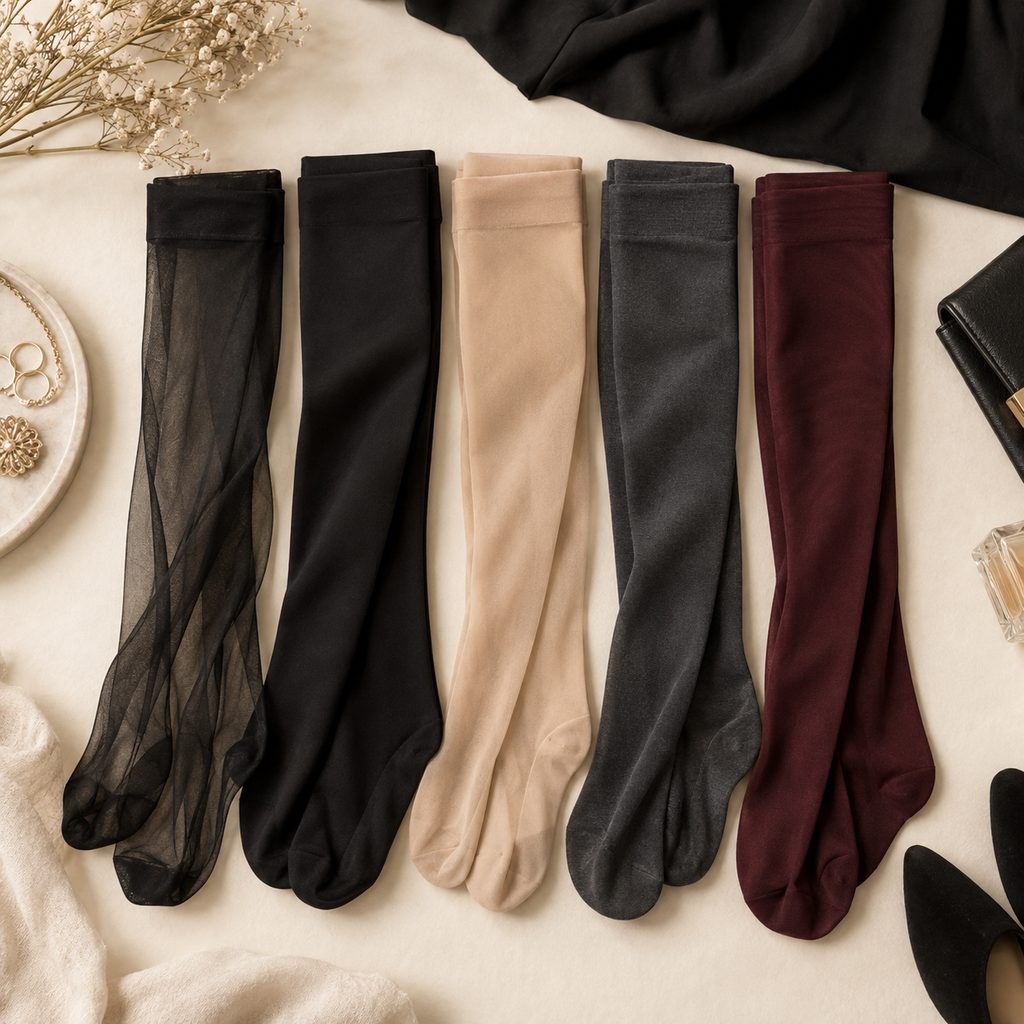 Cinq paires de collants alignées pour comparer les teintes : noir voile, noir opaque, chair, gris anthracite et bordeaux