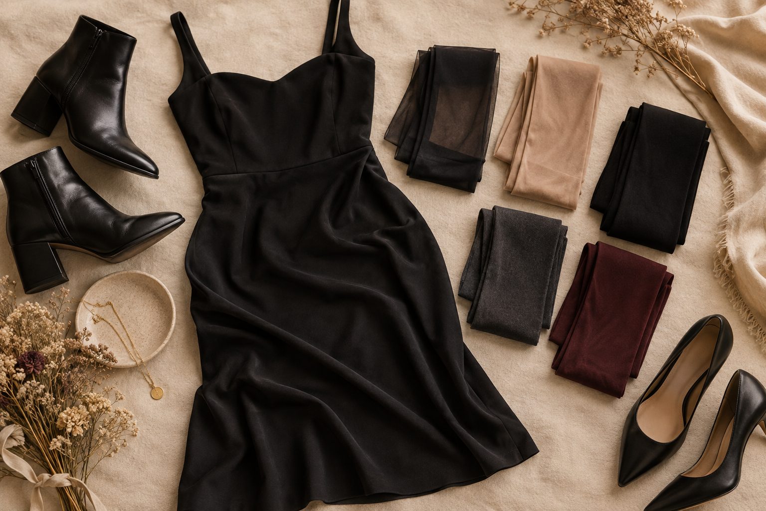 Petite robe noire posée à plat entourée de plusieurs paires de collants : noir voile, noir opaque, chair, gris et bordeaux