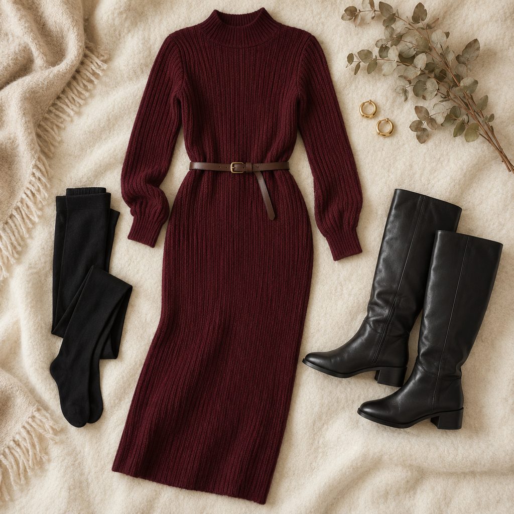 Robe longue en maille côtelée bordeaux avec ceinture fine, collants opaques noirs et bottes plates posés à plat